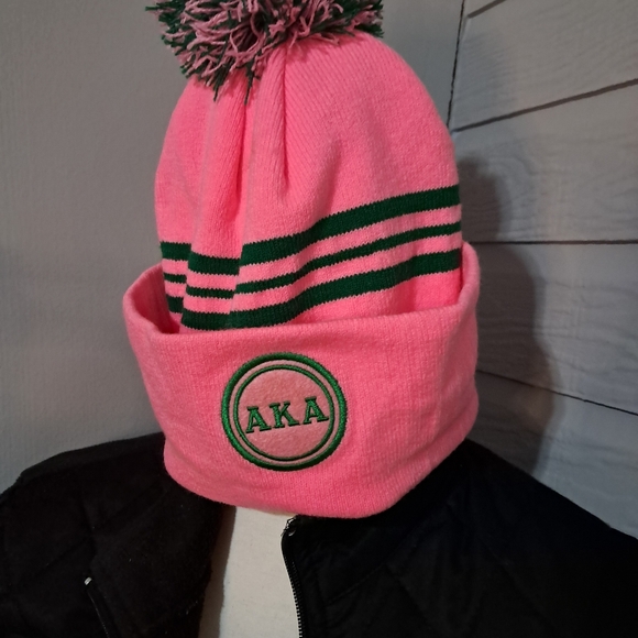 Alpha Kappa Alpha pink green 💚 pom hat knitted beanie - Picture 3 of 5
